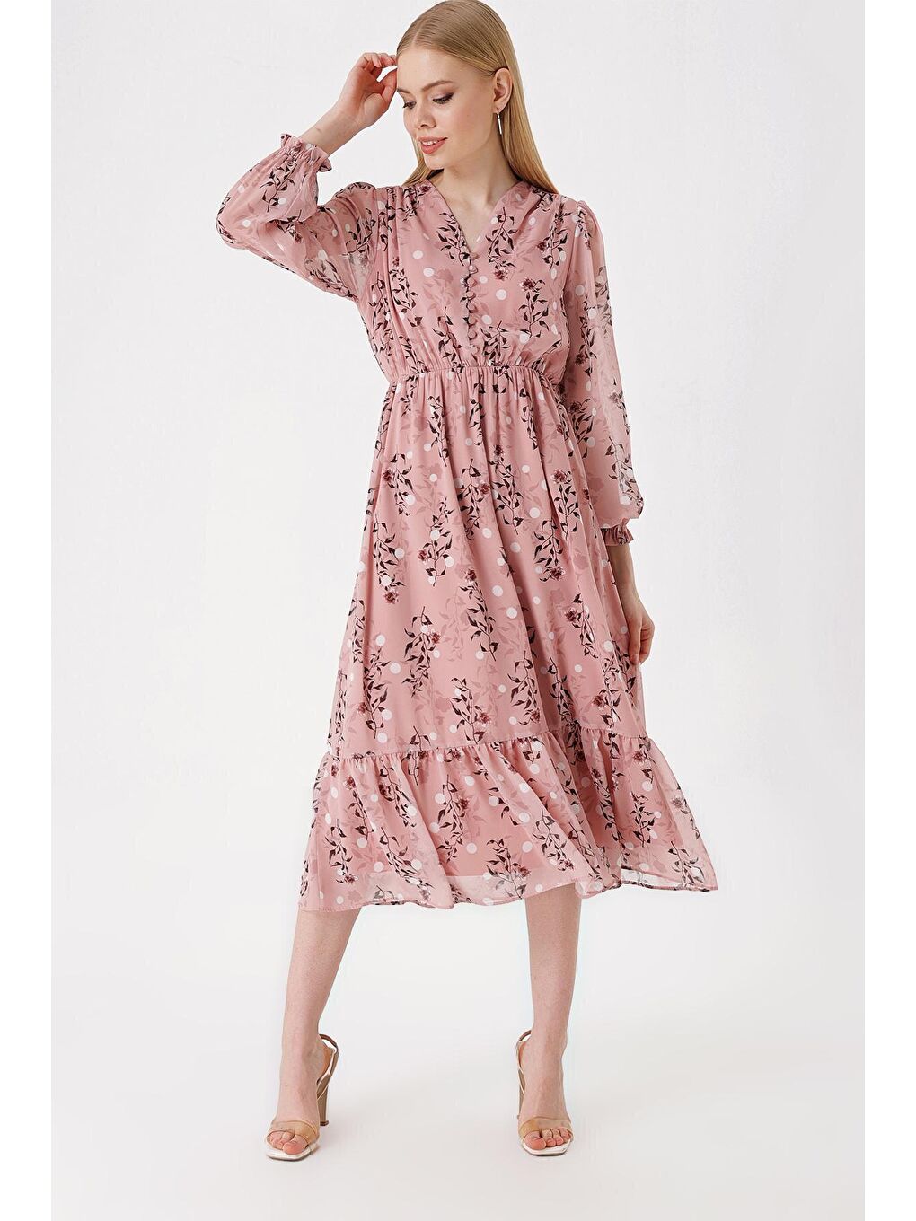 Pembe 2137 Desenli Şifon Elbise - Pudra-1
