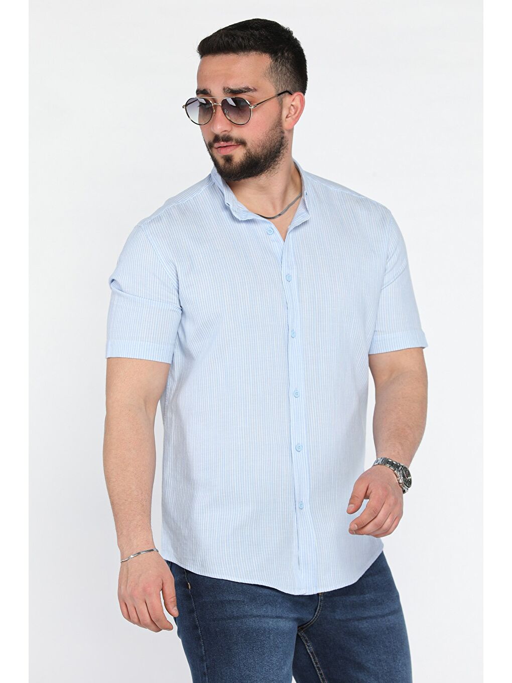 Mavi Çizgili Kısa Kol Erkek Gömlek-1