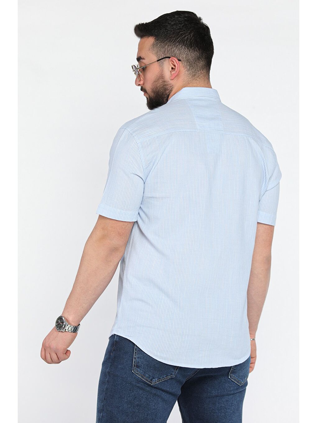 Mavi Çizgili Kısa Kol Erkek Gömlek-2