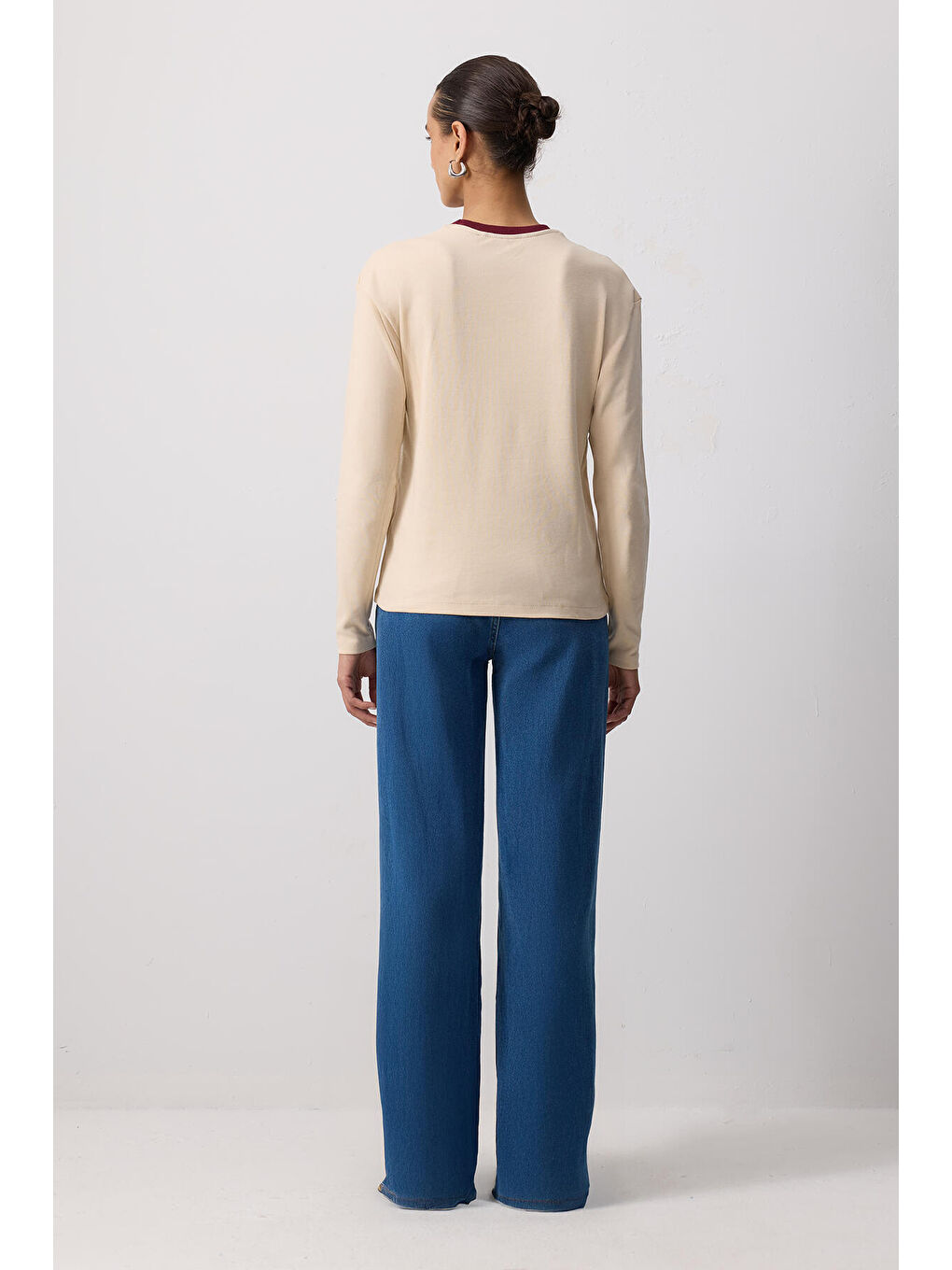 Bej %100 Pamuklu Ribana Yaka T-Shırt-3