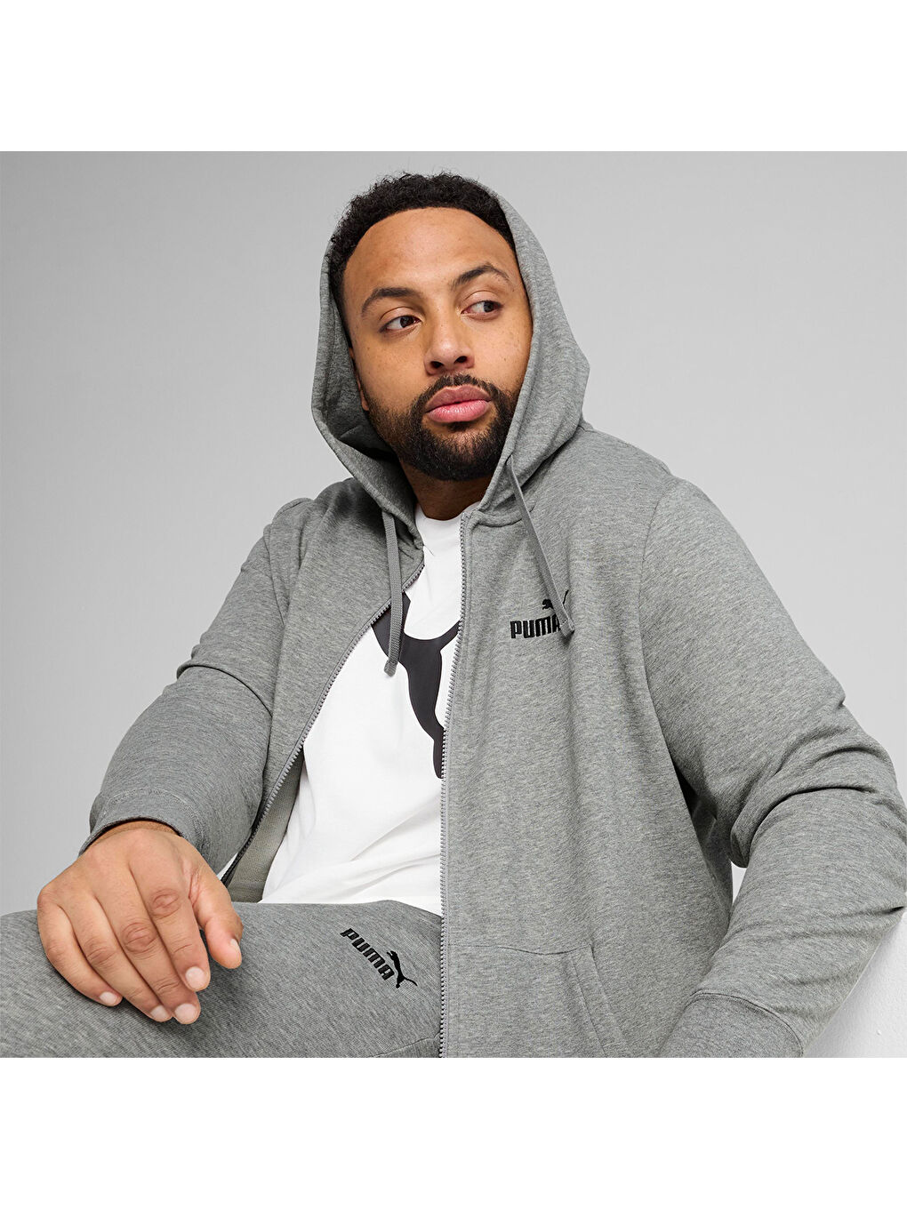 Essentials Gri Kapüşonlu Erkek Fermuarlı Sweatshirt Hırka-1