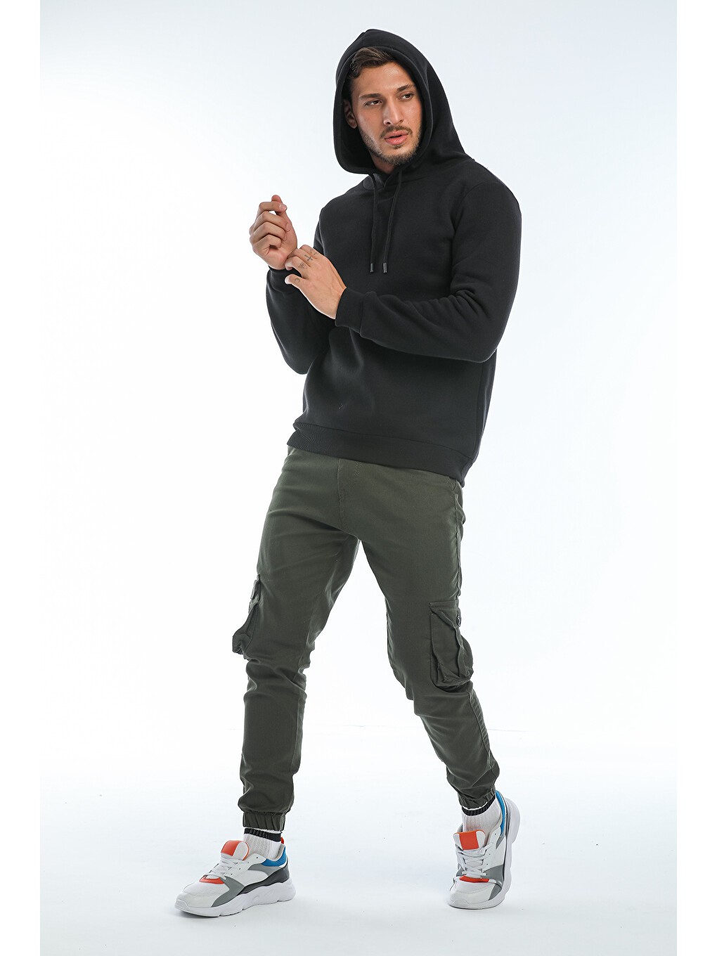 Haki Kargo Cepli, Fermuarlı Paça Lastikli Esnek Kumaş Slim Fit Gabardin Erkek Kargo Pantolon-1