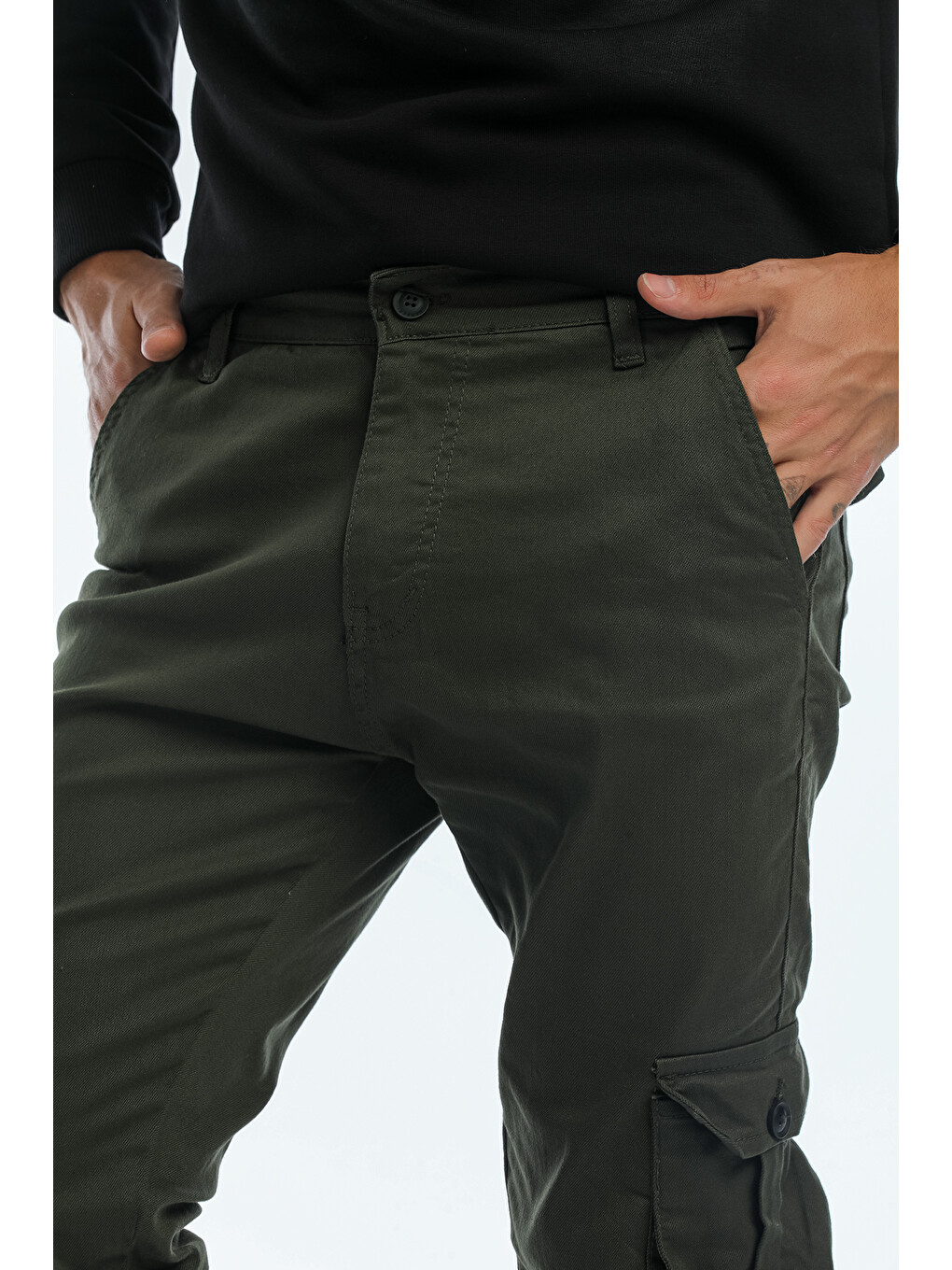 Haki Kargo Cepli, Fermuarlı Paça Lastikli Esnek Kumaş Slim Fit Gabardin Erkek Kargo Pantolon-2