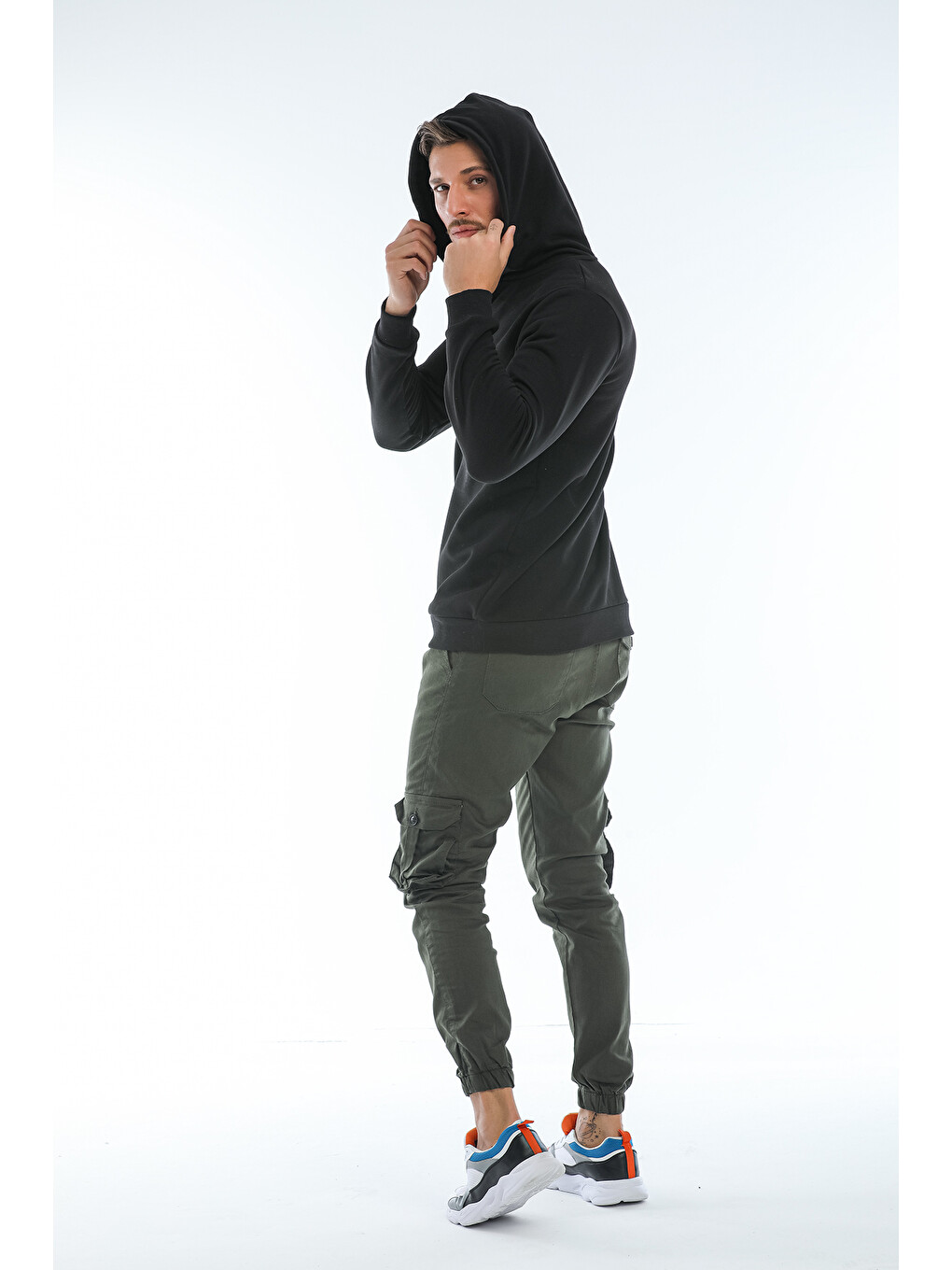 Haki Kargo Cepli, Fermuarlı Paça Lastikli Esnek Kumaş Slim Fit Gabardin Erkek Kargo Pantolon-4