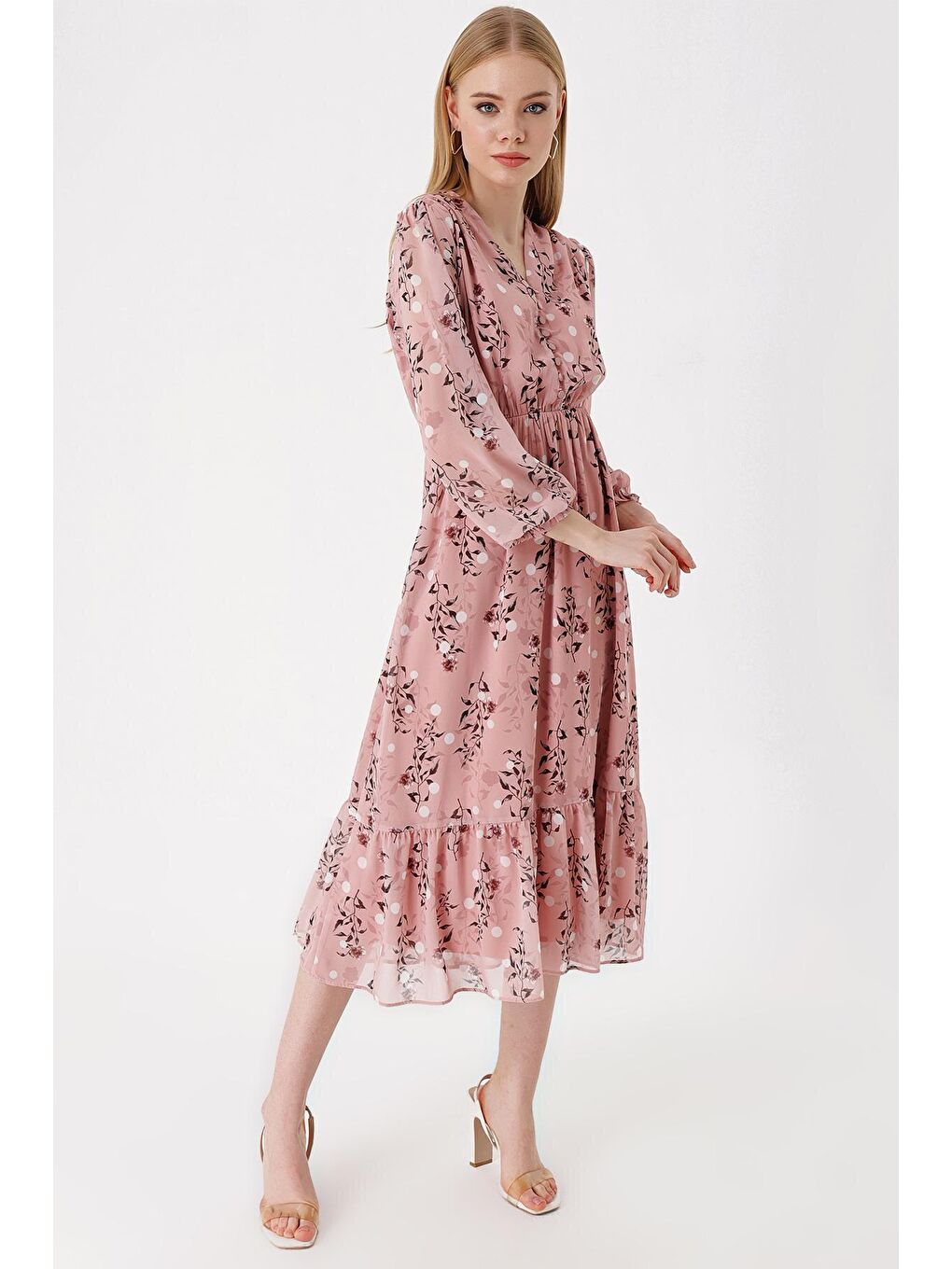 Pembe 2137 Desenli Şifon Elbise - Pudra-2