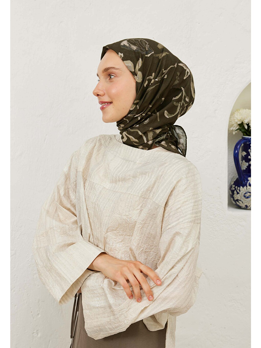 Kahverengi Amore Desen Pamuk Vual Eşarp Kahve-1