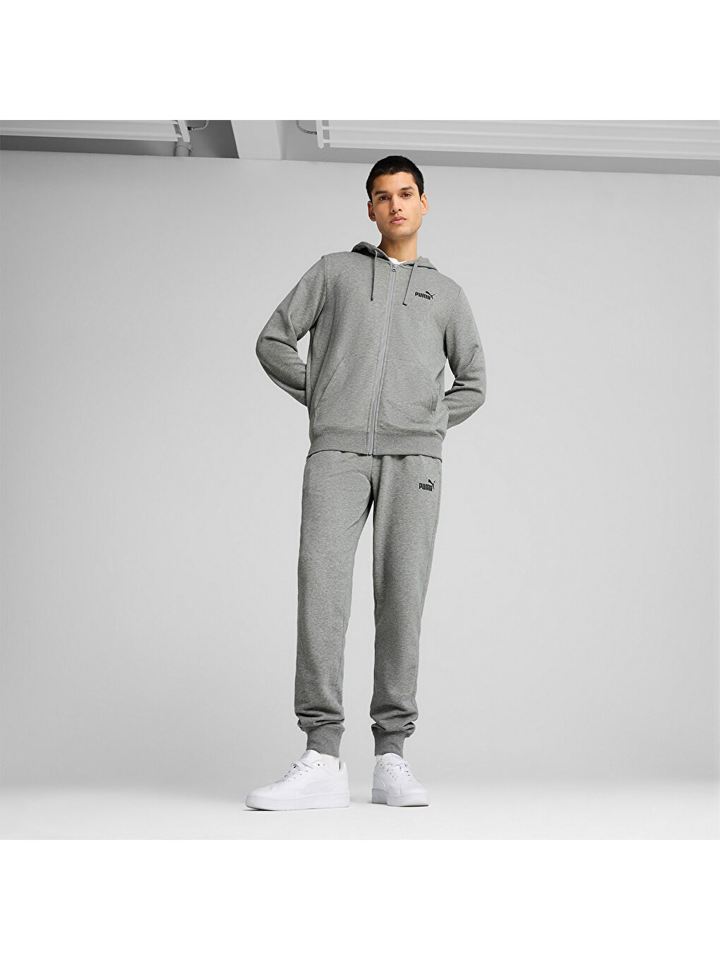 Essentials Gri Kapüşonlu Erkek Fermuarlı Sweatshirt Hırka-3