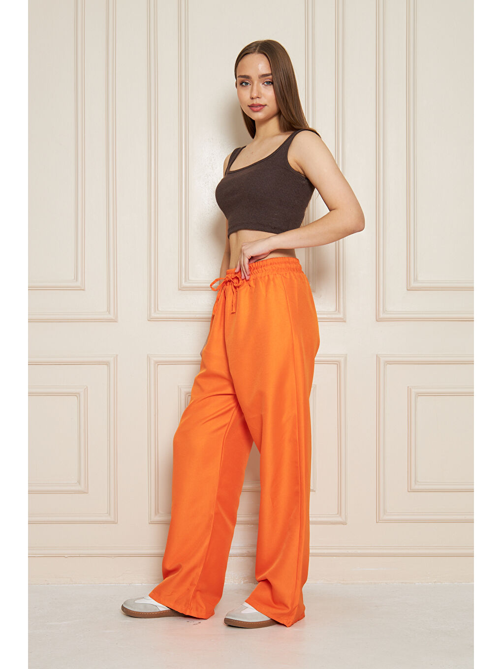 Kadın Trend Yüksek Bel Lastikli Turuncu Bol Pantolon-1