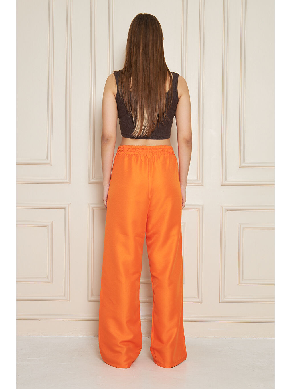 Kadın Trend Yüksek Bel Lastikli Turuncu Bol Pantolon-3