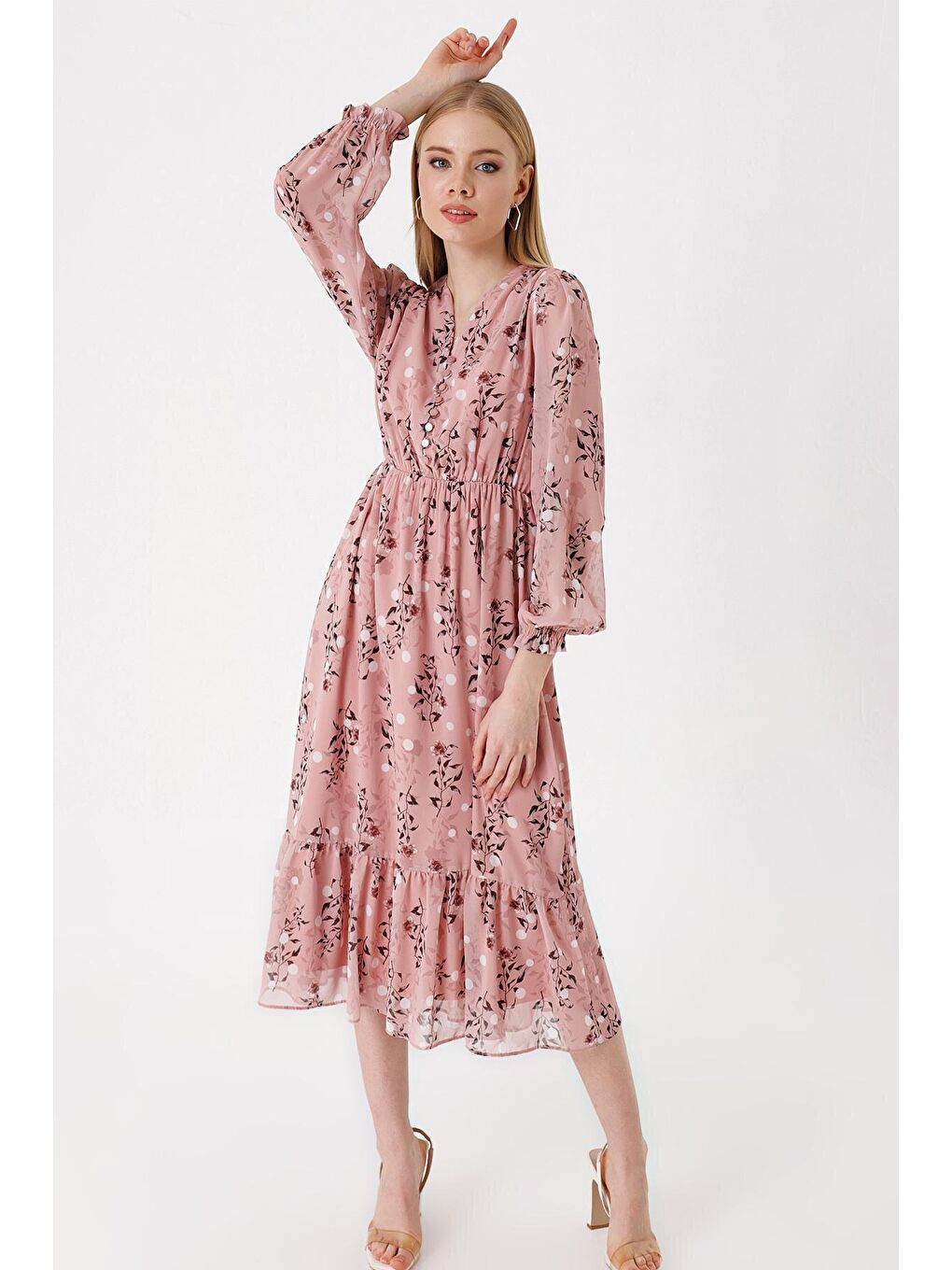 Pembe 2137 Desenli Şifon Elbise - Pudra-3