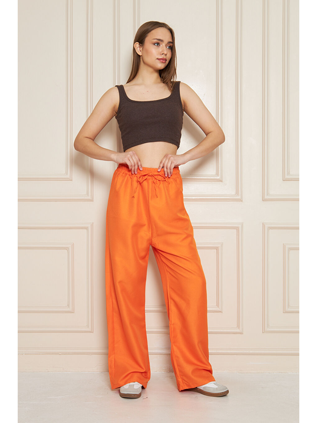 Kadın Trend Yüksek Bel Lastikli Turuncu Bol Pantolon-5