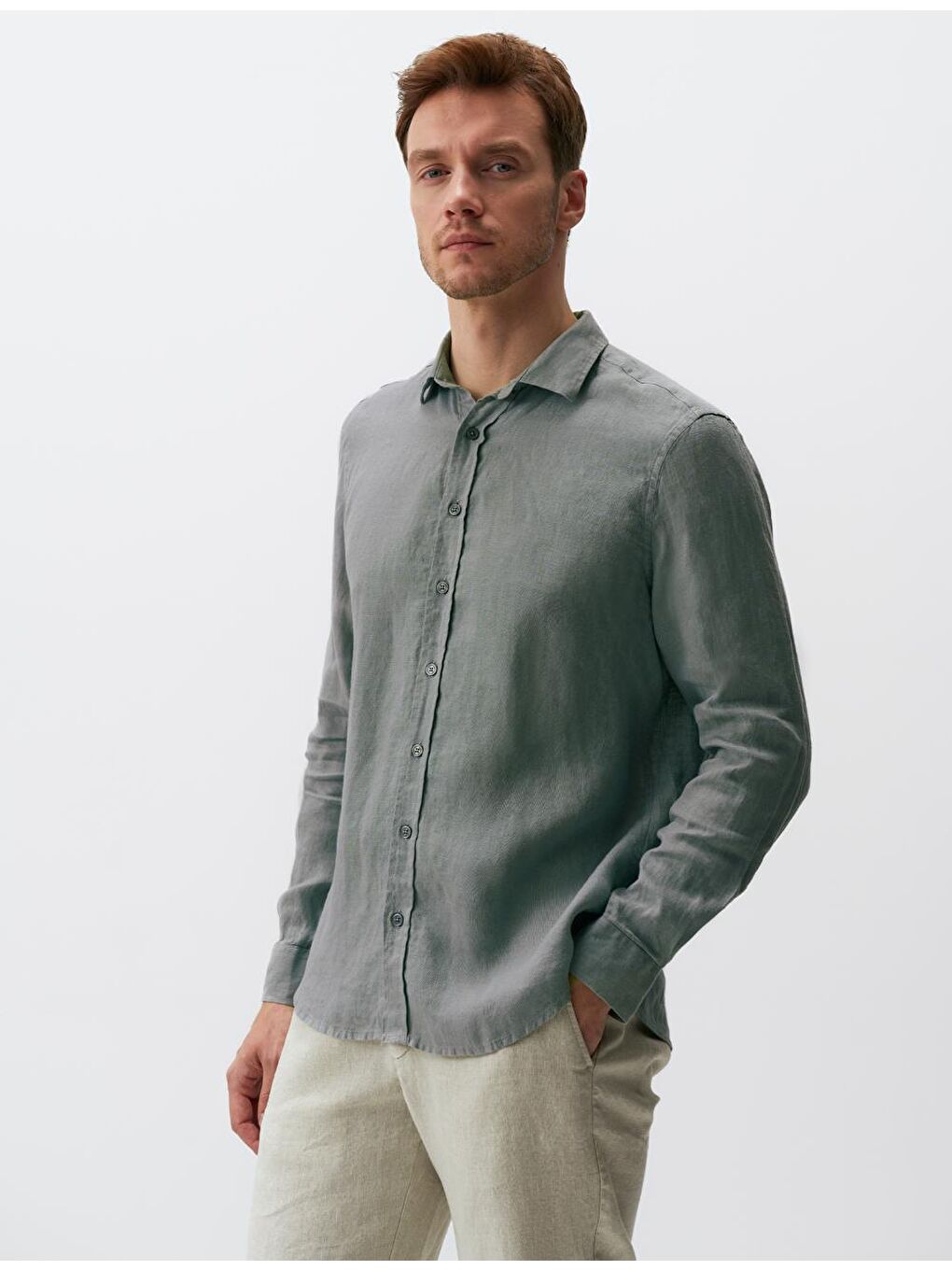 Zeytin Yeşili Uzun Kollu Erkek Gömlek