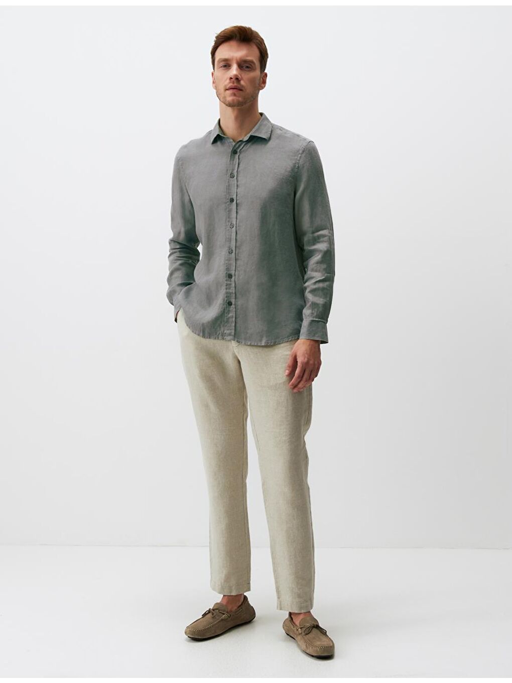 Zeytin Yeşili Uzun Kollu Erkek Gömlek-1