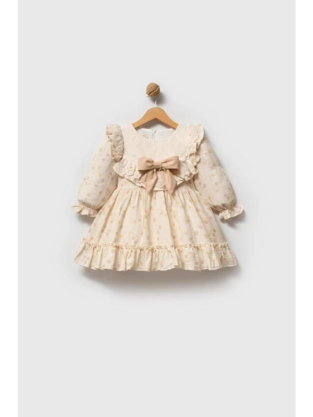 Kız Çocuk Pamuklu Bej Puantiye Dantelli Elbise - Fırfır Yaka Ve Fiyonk Detaylı
