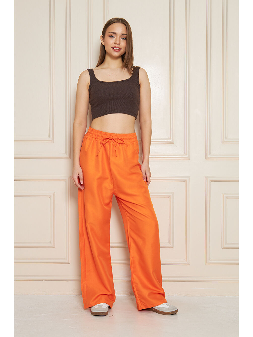 Kadın Trend Yüksek Bel Lastikli Turuncu Bol Pantolon-6