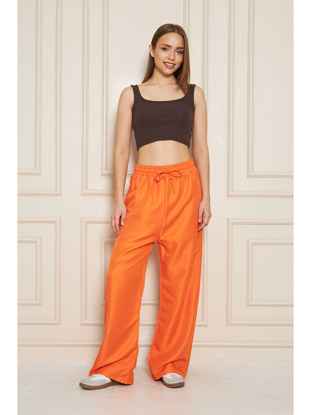 Kadın Trend Yüksek Bel Lastikli Turuncu Bol Pantolon-7
