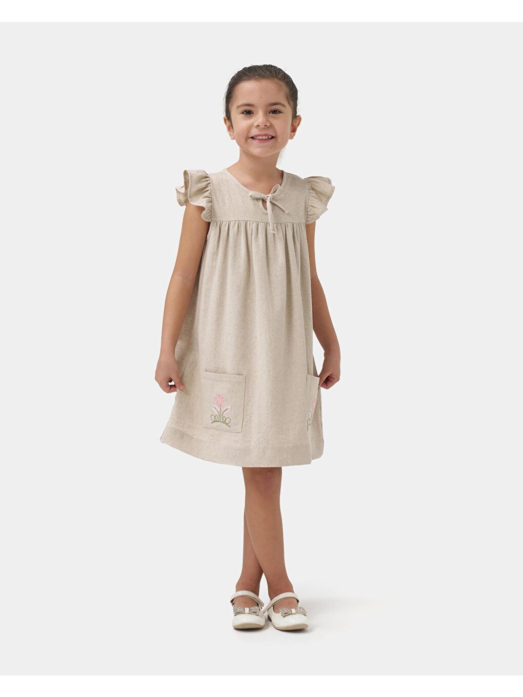 Kız Çocuk Keten Bej Çiçek Nakışlı Fırfır Kollu Elbise-2