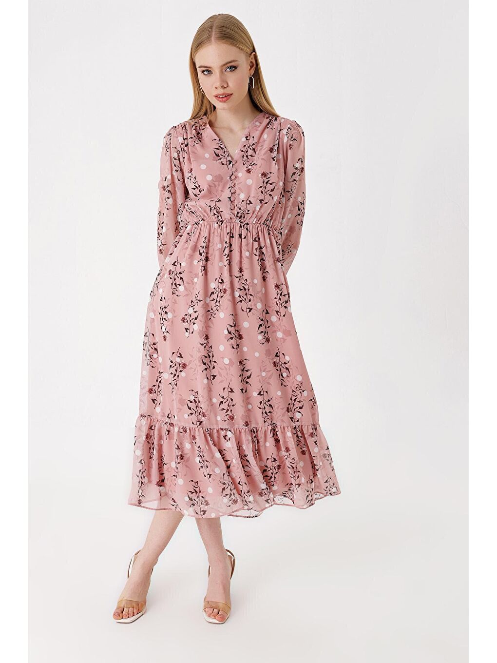 Pembe 2137 Desenli Şifon Elbise - Pudra-4