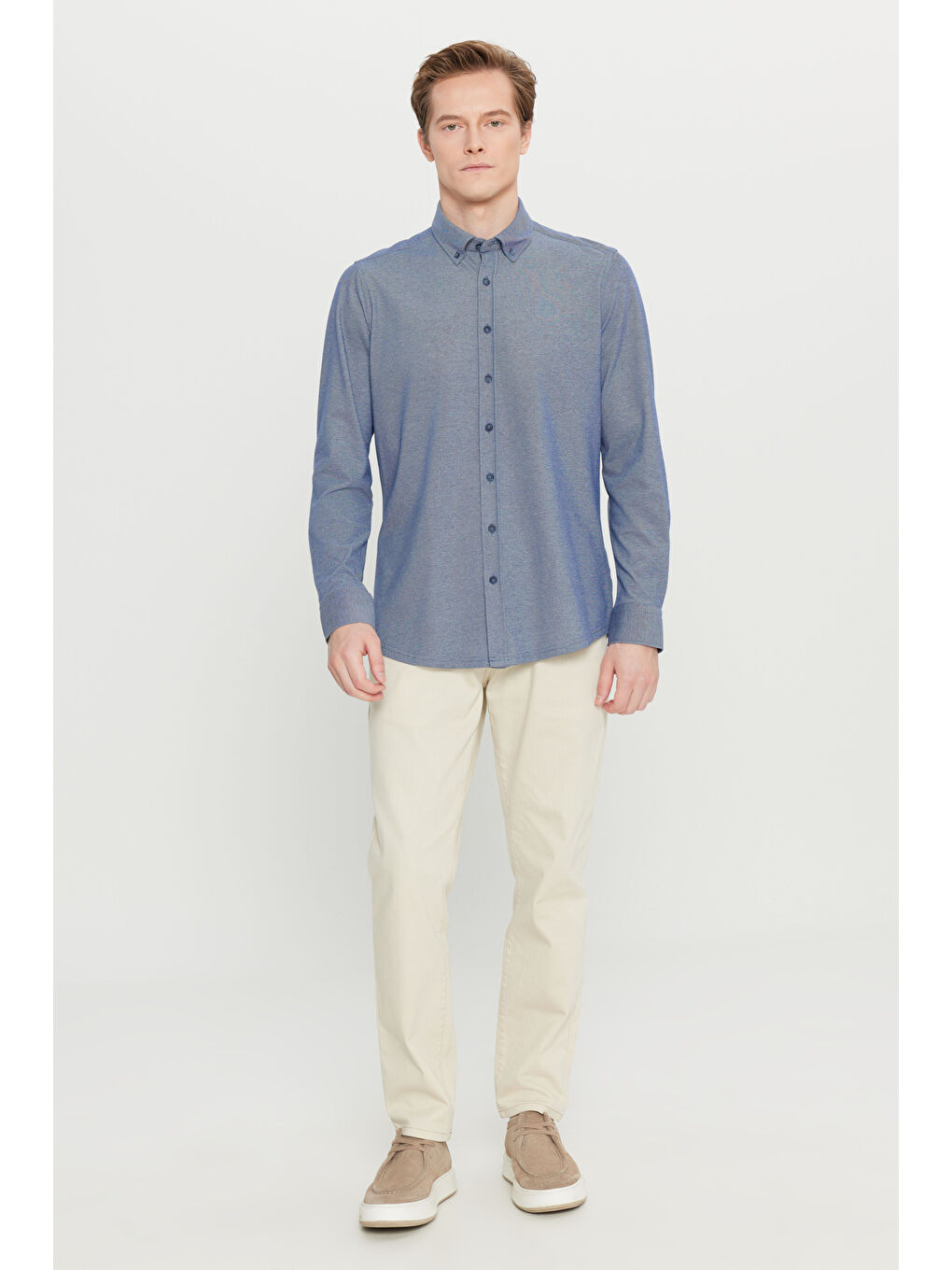 Erkek Lacivert Pamuklu Slim Fit Dar Kesim Düğmeli Yaka Örme Gömlek-1