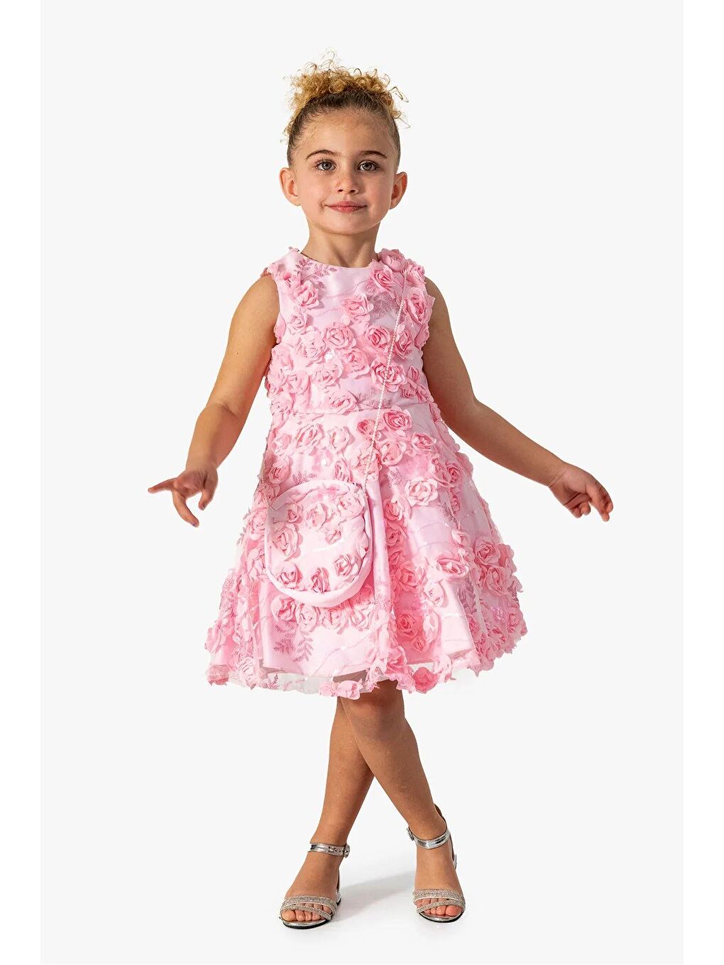 Pembe Kız Çocuk Çiçek Aplikeli Abiye Elbise