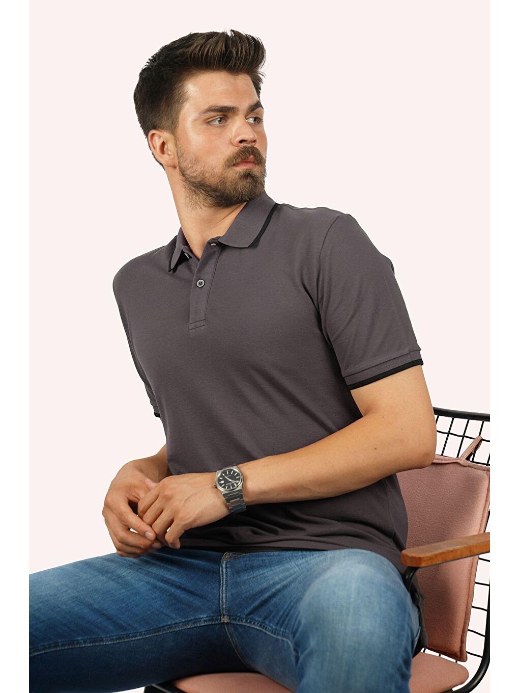 Gri Füme Siyah Yaka Çizgili Erkek Polo Yaka %100 Pamuk Tişört-2
