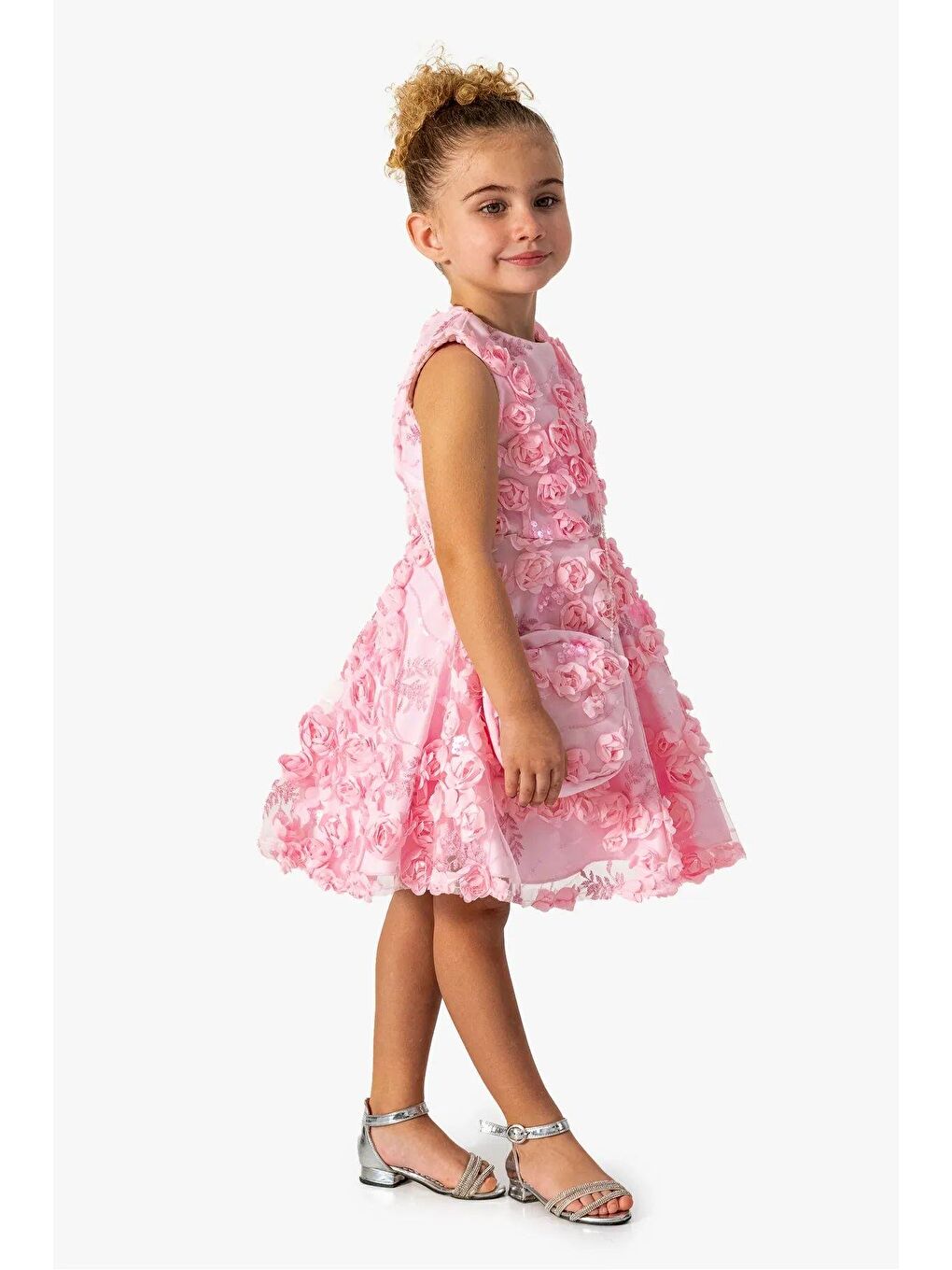 Pembe Kız Çocuk Çiçek Aplikeli Abiye Elbise-1