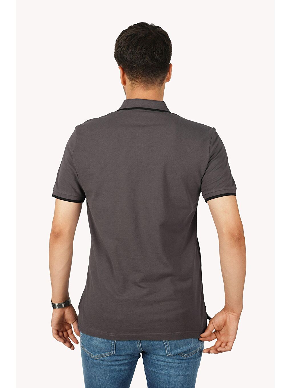 Gri Füme Siyah Yaka Çizgili Erkek Polo Yaka %100 Pamuk Tişört-4