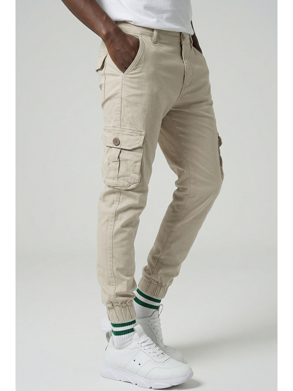 Bej Kargo Cepli, Fermuarlı Paça Lastikli Esnek Kumaş Slim Fit Gabardin Erkek Kargo Pantolon
