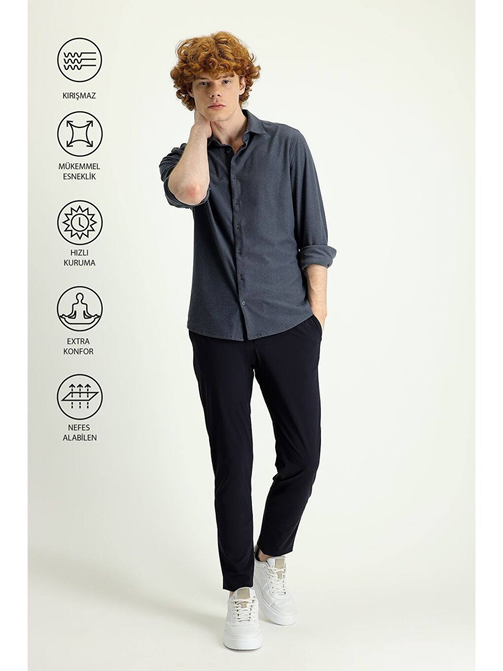 Lacivert Techno-Line Slim Fit Dar Kesim Beli Lastikli İpli Elastanlı Klasik Kumaş Pantolon