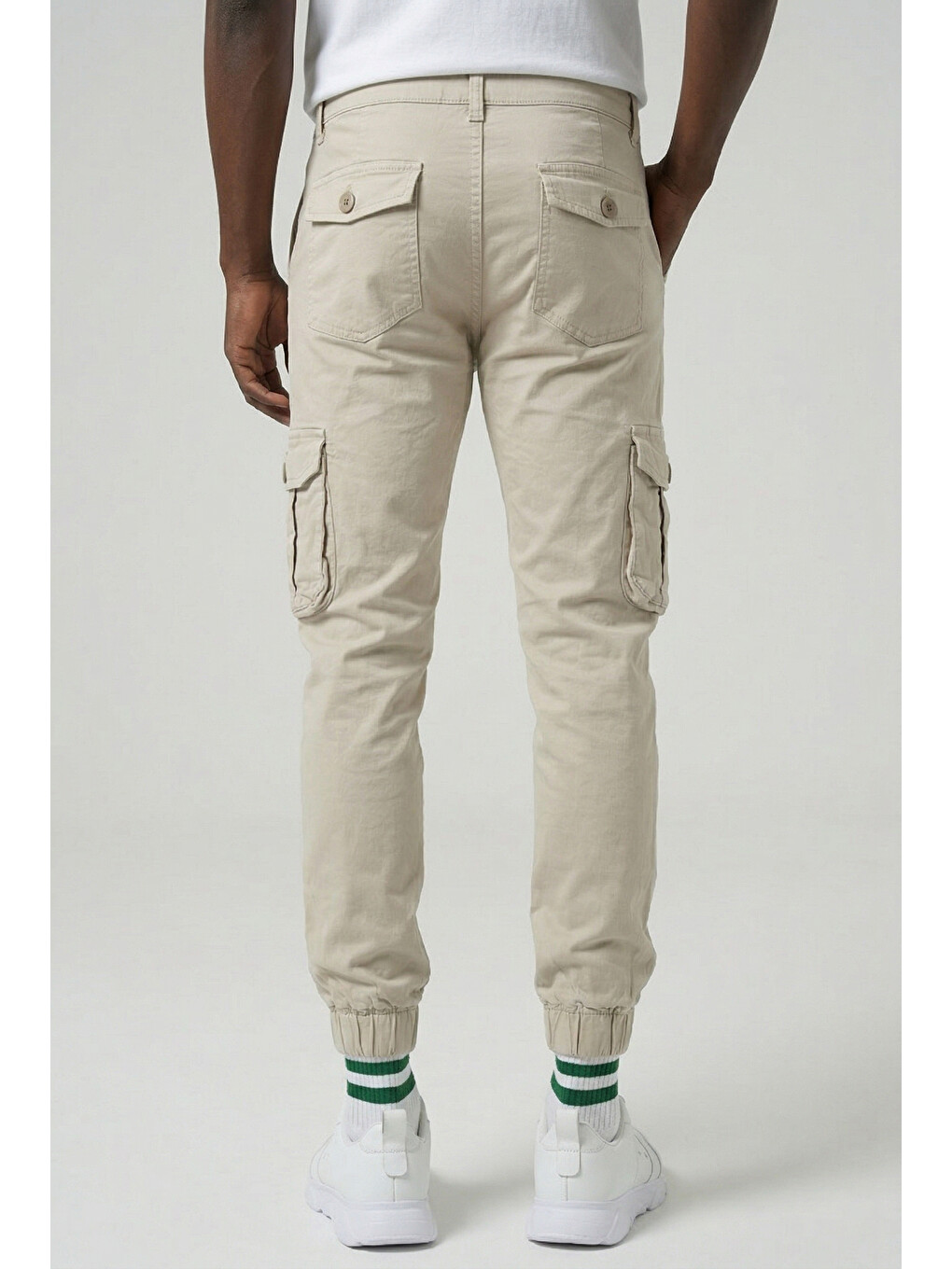 Bej Kargo Cepli, Fermuarlı Paça Lastikli Esnek Kumaş Slim Fit Gabardin Erkek Kargo Pantolon-1