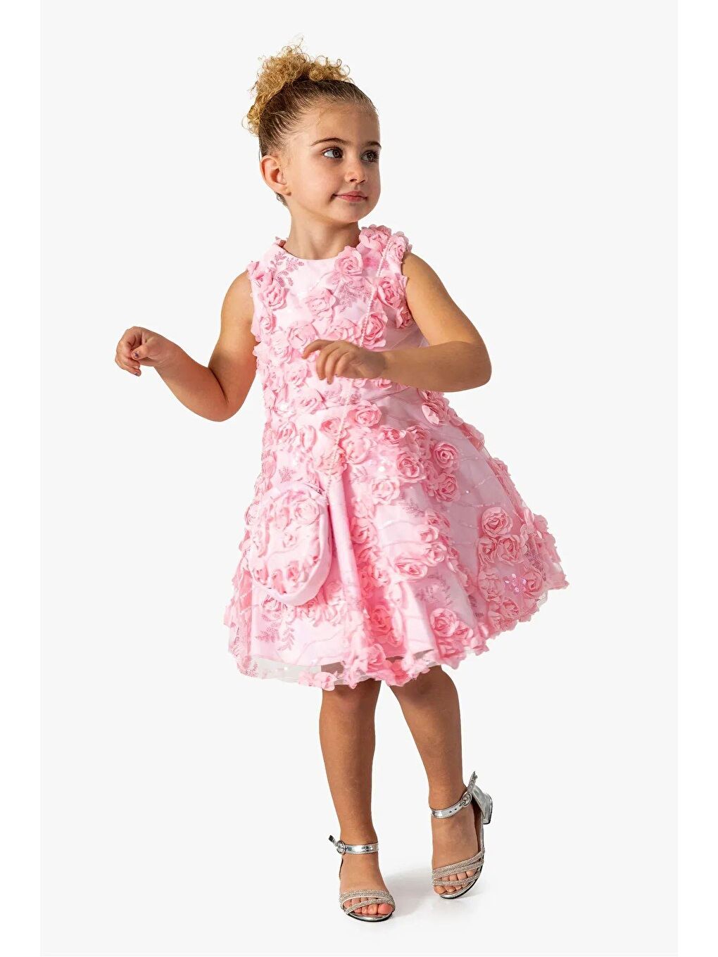 Pembe Kız Çocuk Çiçek Aplikeli Abiye Elbise-2