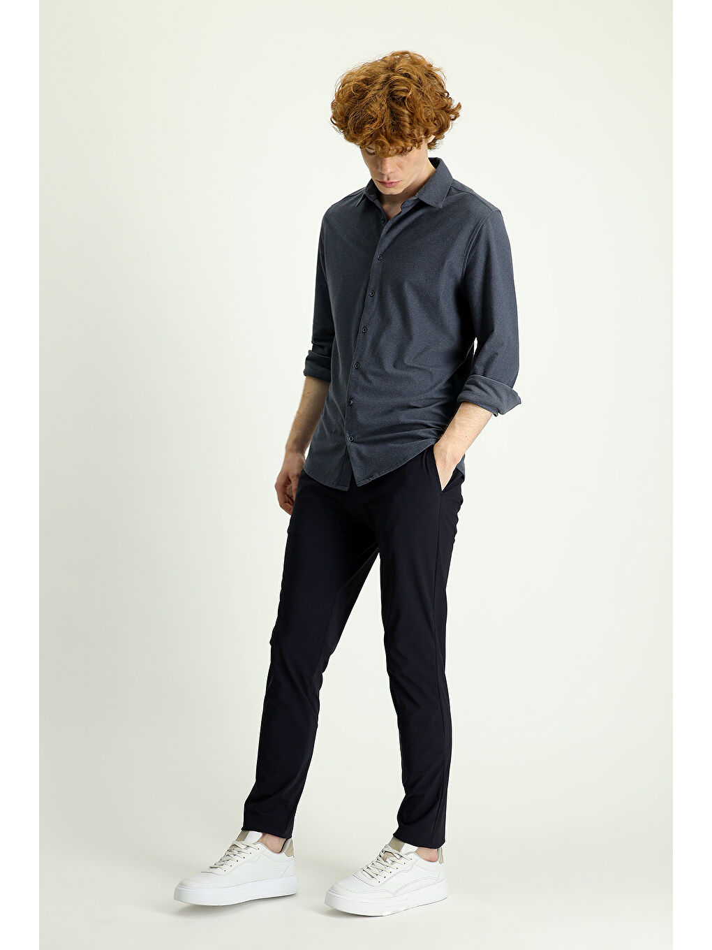 Lacivert Techno-Line Slim Fit Dar Kesim Beli Lastikli İpli Elastanlı Klasik Kumaş Pantolon-1