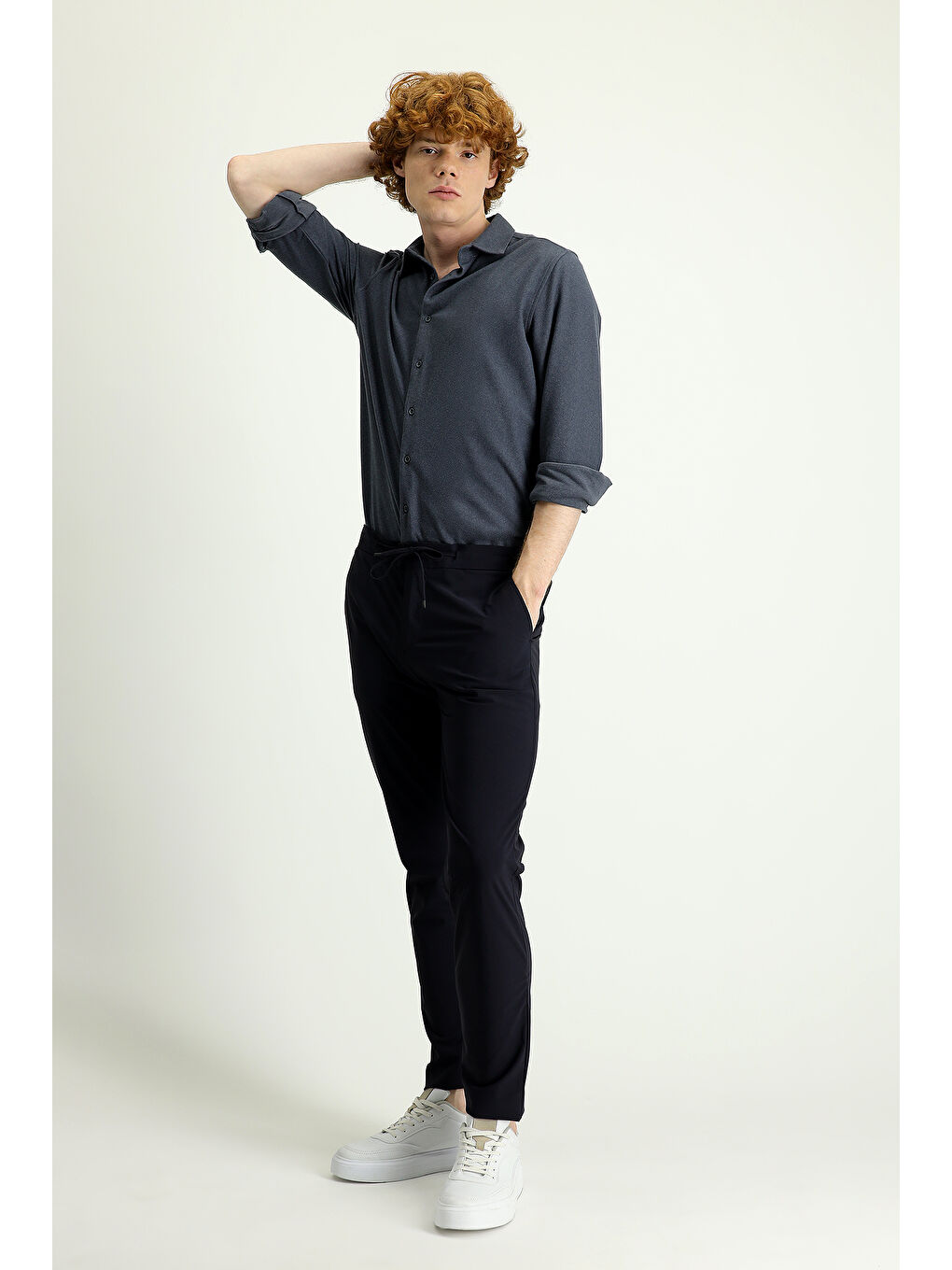 Lacivert Techno-Line Slim Fit Dar Kesim Beli Lastikli İpli Elastanlı Klasik Kumaş Pantolon-2