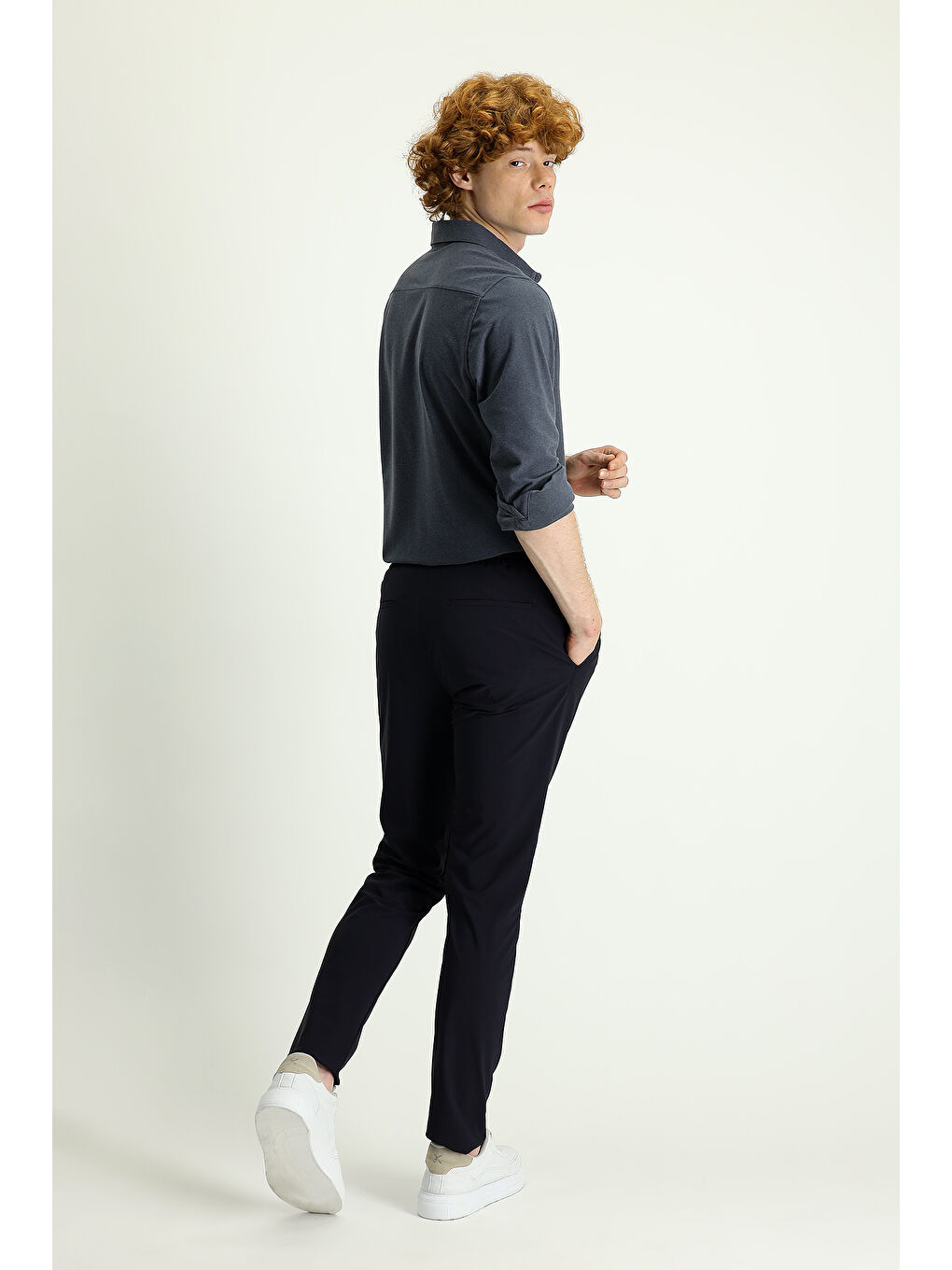 Lacivert Techno-Line Slim Fit Dar Kesim Beli Lastikli İpli Elastanlı Klasik Kumaş Pantolon-3