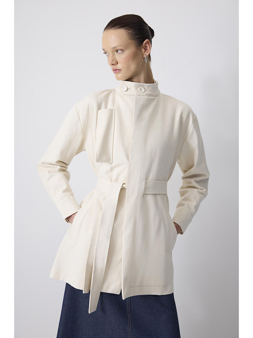 Ekru Kuşaklı Gabardin Ceket-1
