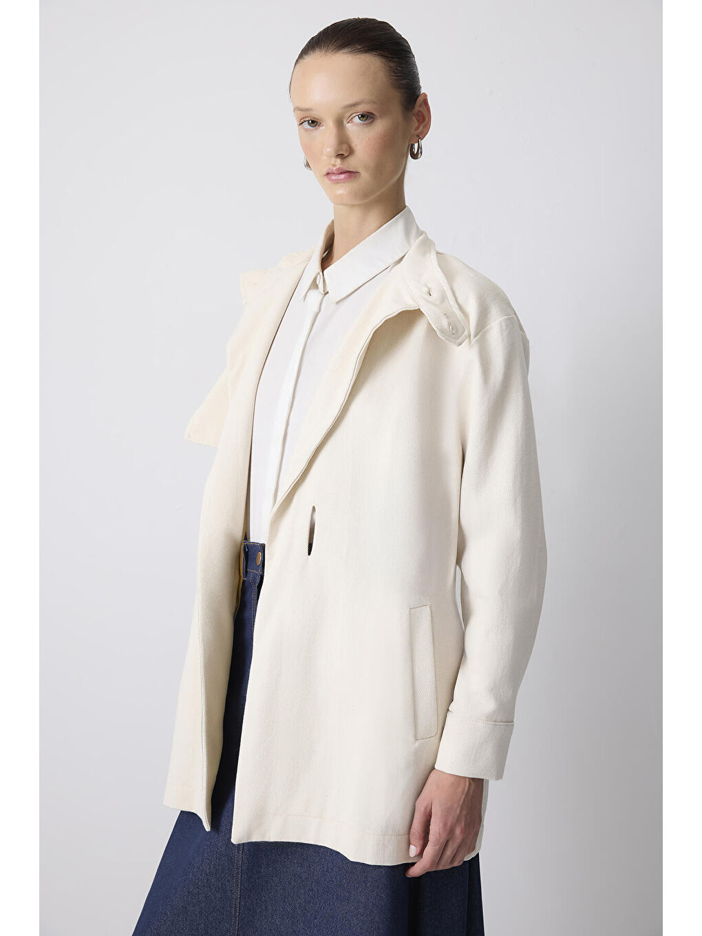 Ekru Kuşaklı Gabardin Ceket-2