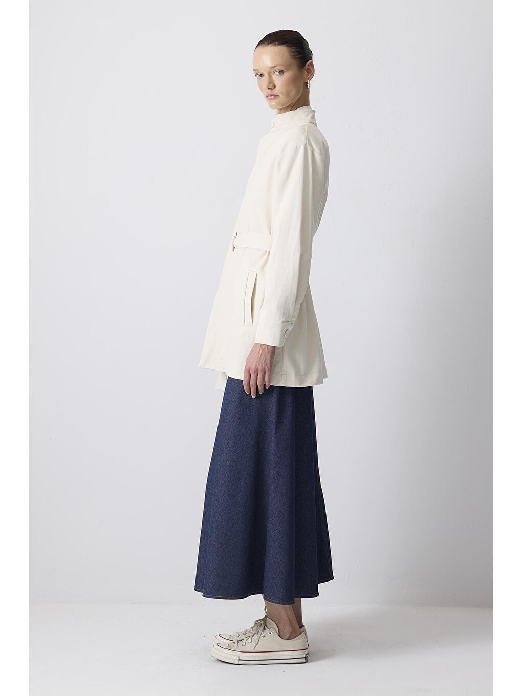 Ekru Kuşaklı Gabardin Ceket-3