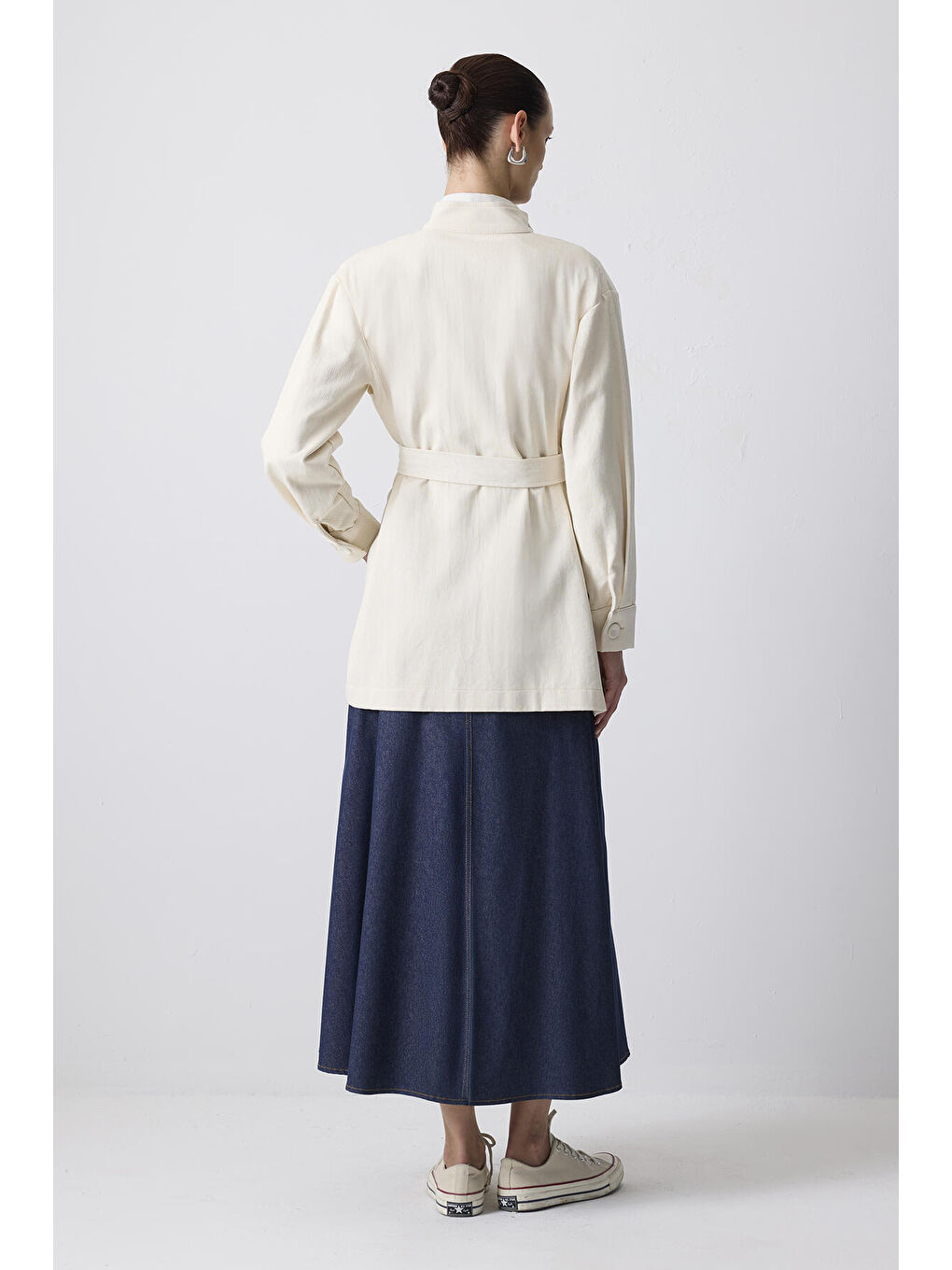 Ekru Kuşaklı Gabardin Ceket-4