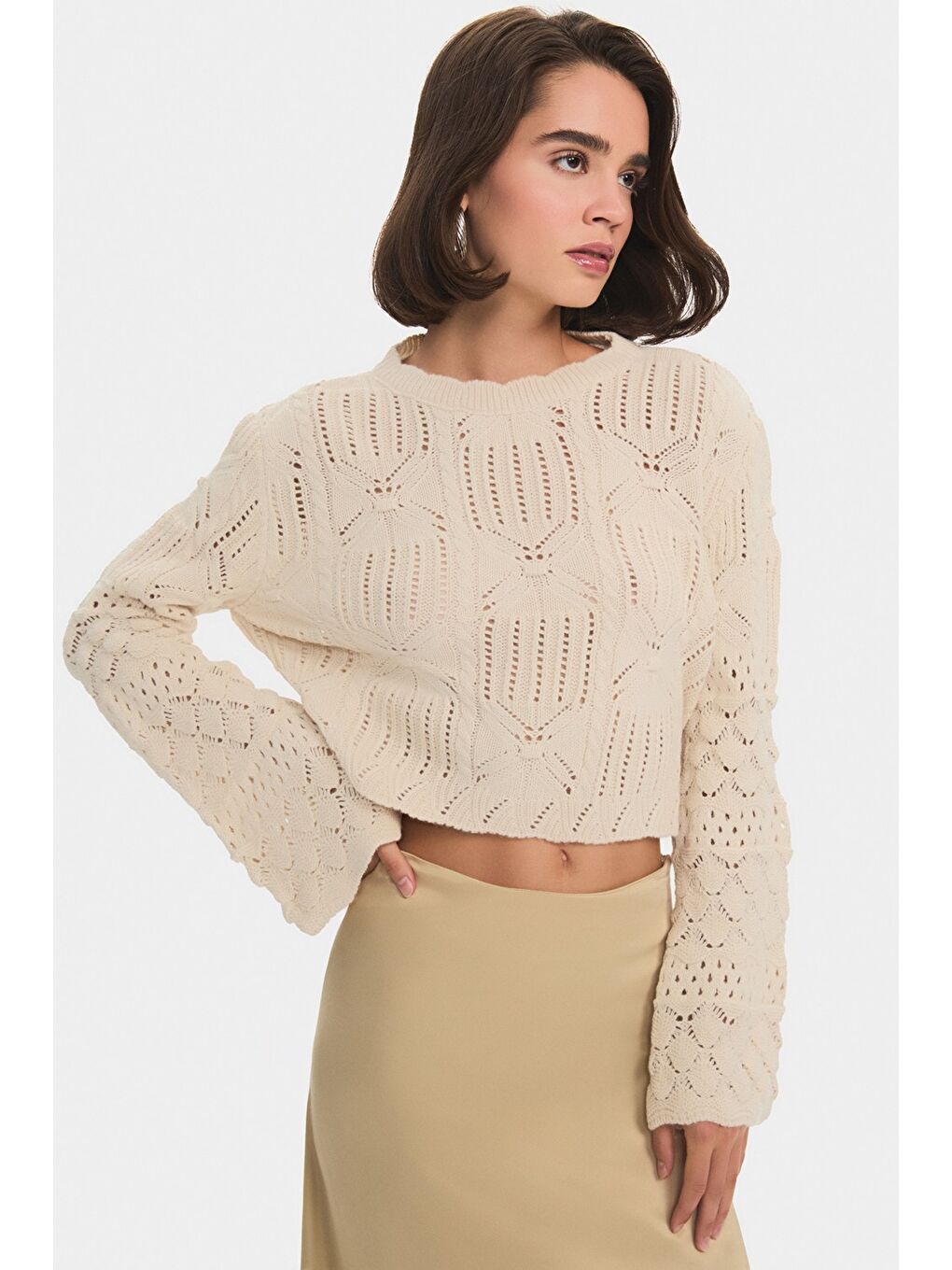 Ekru Kadın Bisiklet Yaka Ispanyol Kol Ajurlu Kendinden Desenli Kazak-2