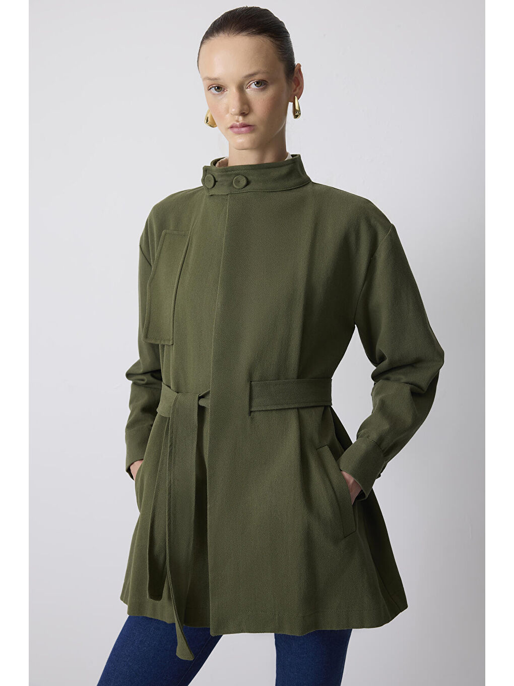 Haki Kuşaklı Gabardin Ceket-1