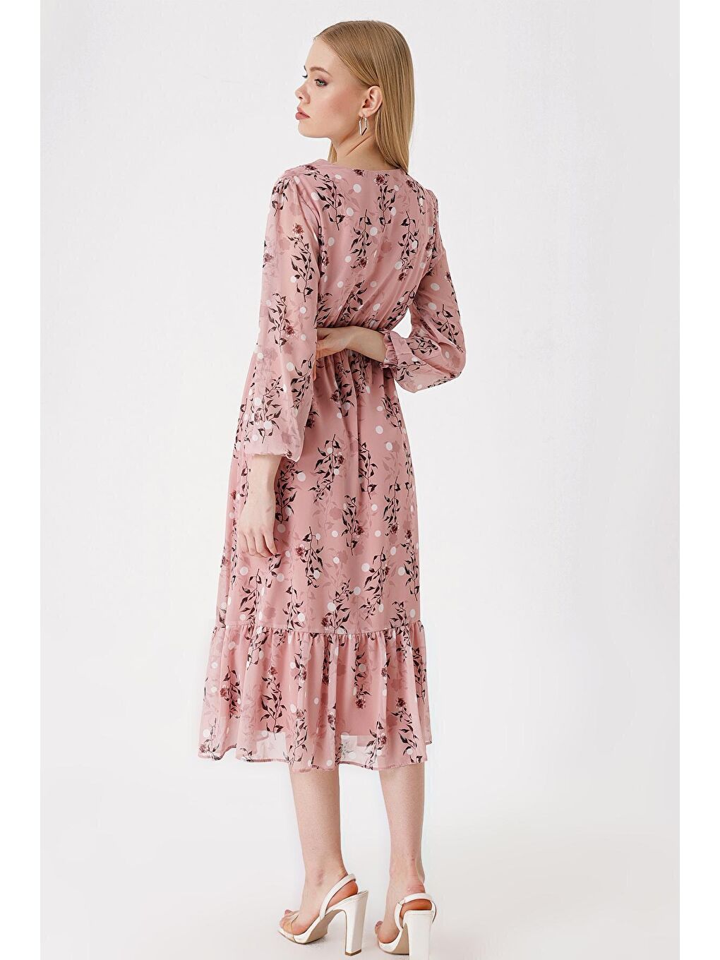 Pembe 2137 Desenli Şifon Elbise - Pudra-5