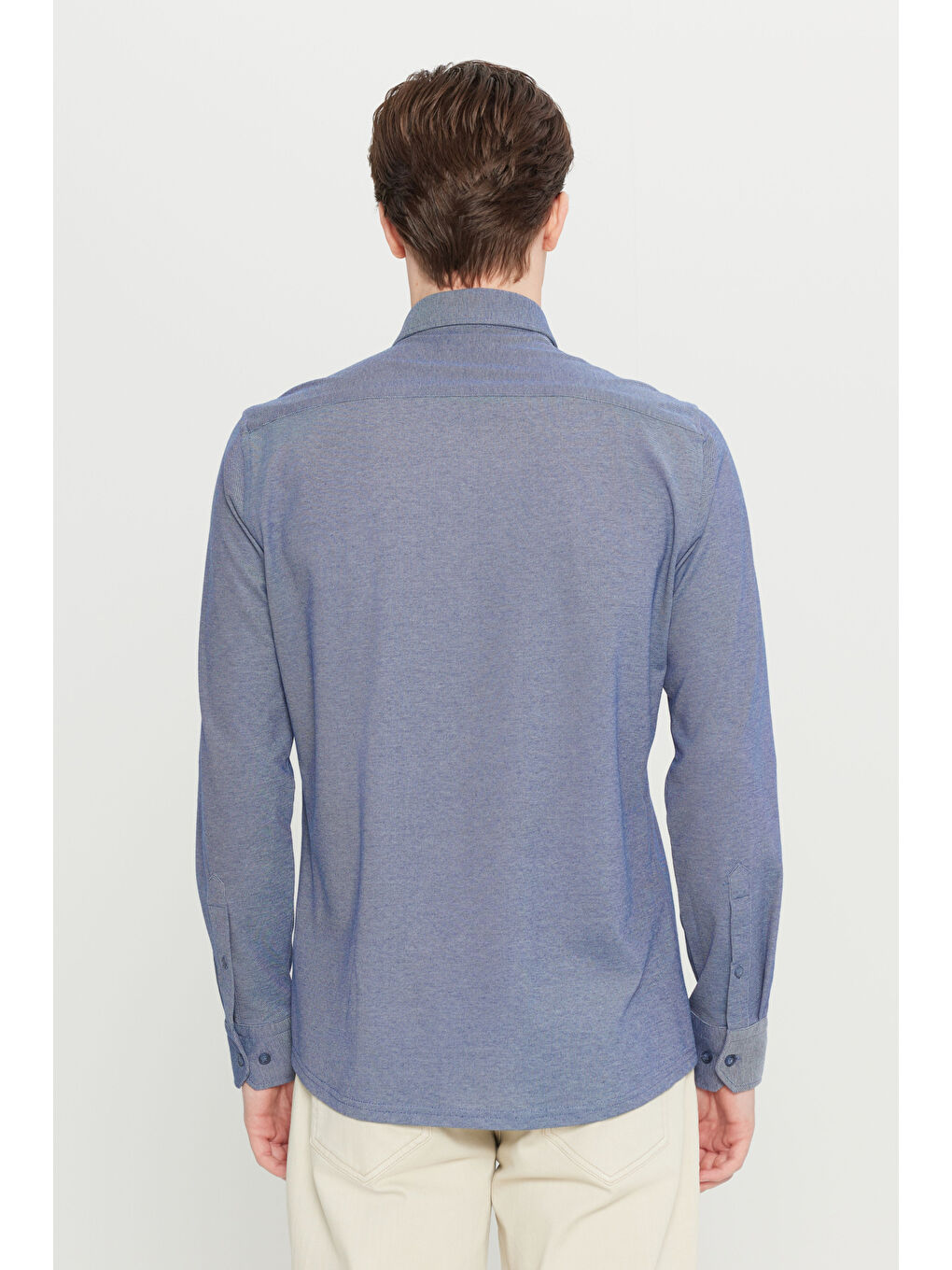 Erkek Lacivert Pamuklu Slim Fit Dar Kesim Düğmeli Yaka Örme Gömlek-4