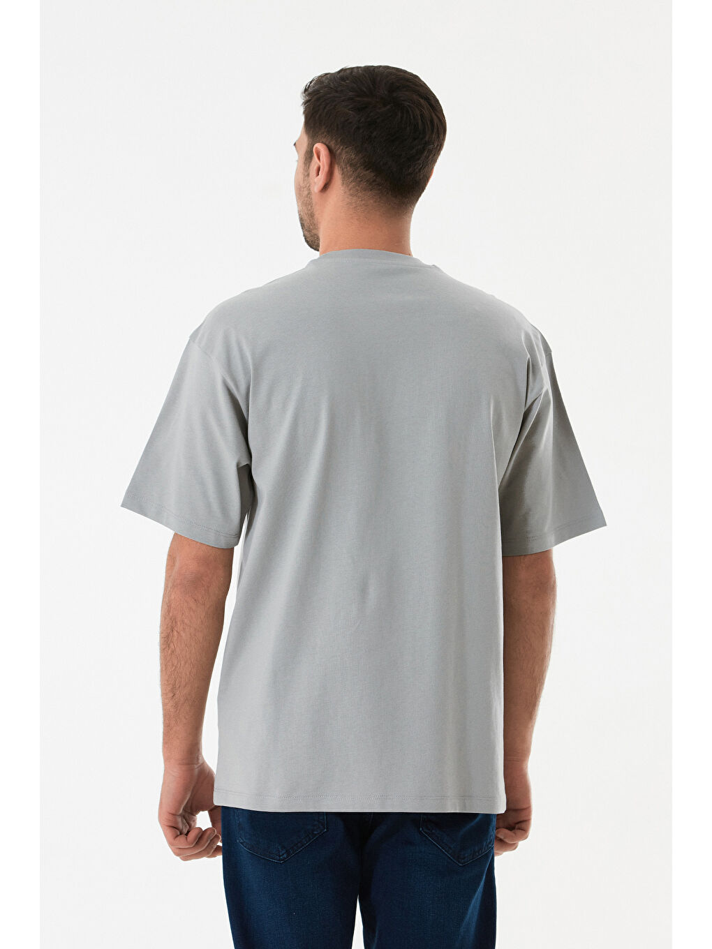 Gri Slogan Kabartmalı Bisiklet Yaka Oversize Tişört-3