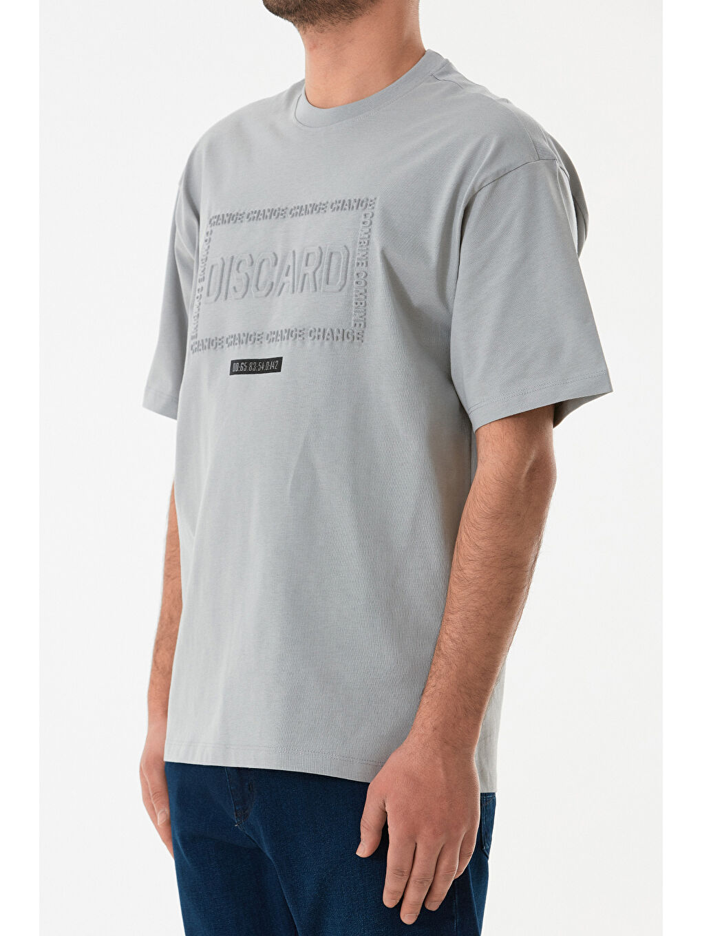 Gri Slogan Kabartmalı Bisiklet Yaka Oversize Tişört-4