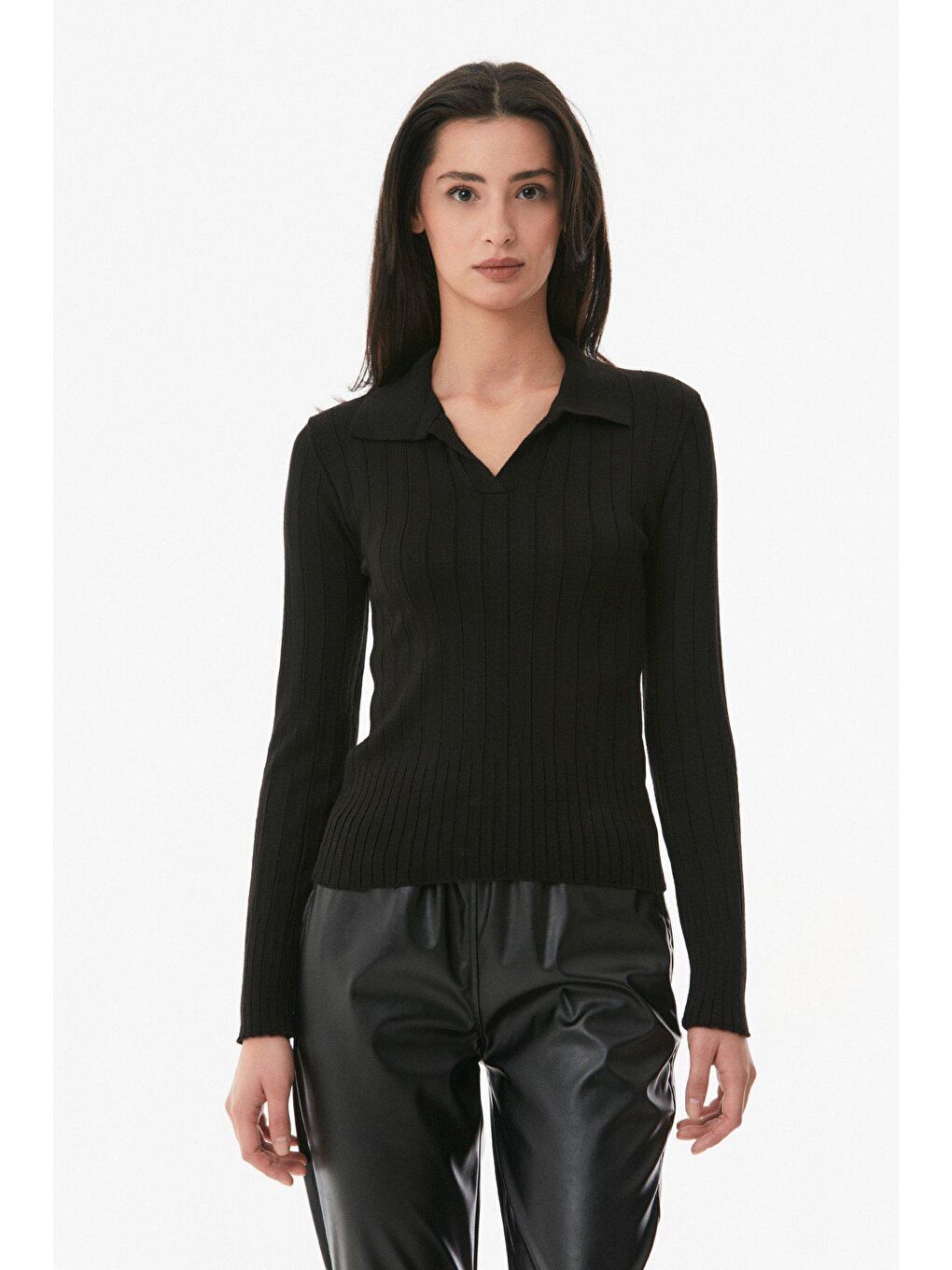 Siyah Basic Polo Yaka Triko Kazak