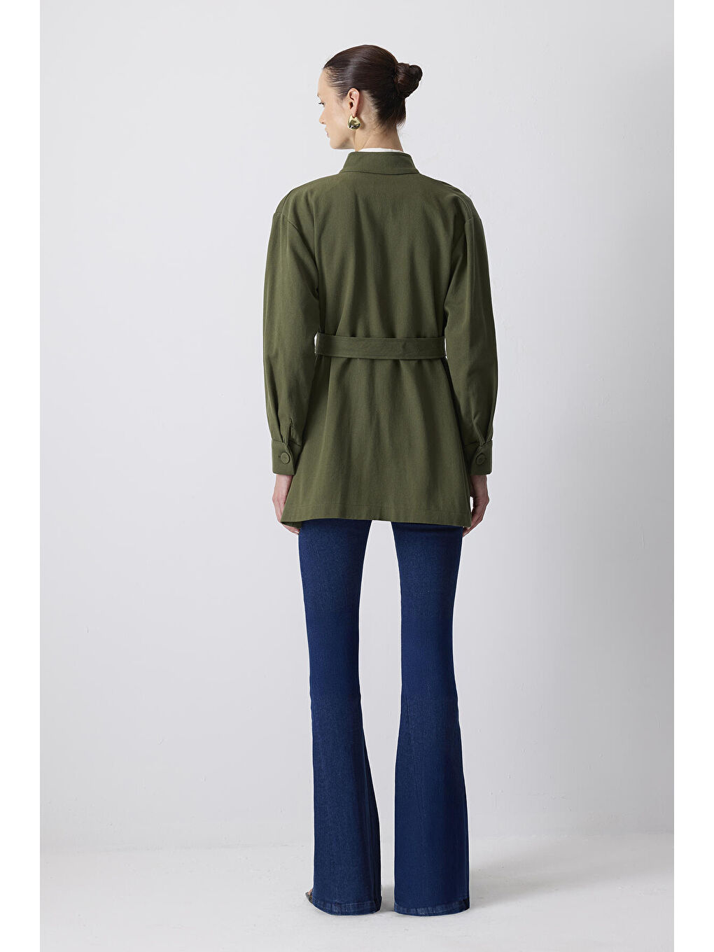 Haki Kuşaklı Gabardin Ceket-4