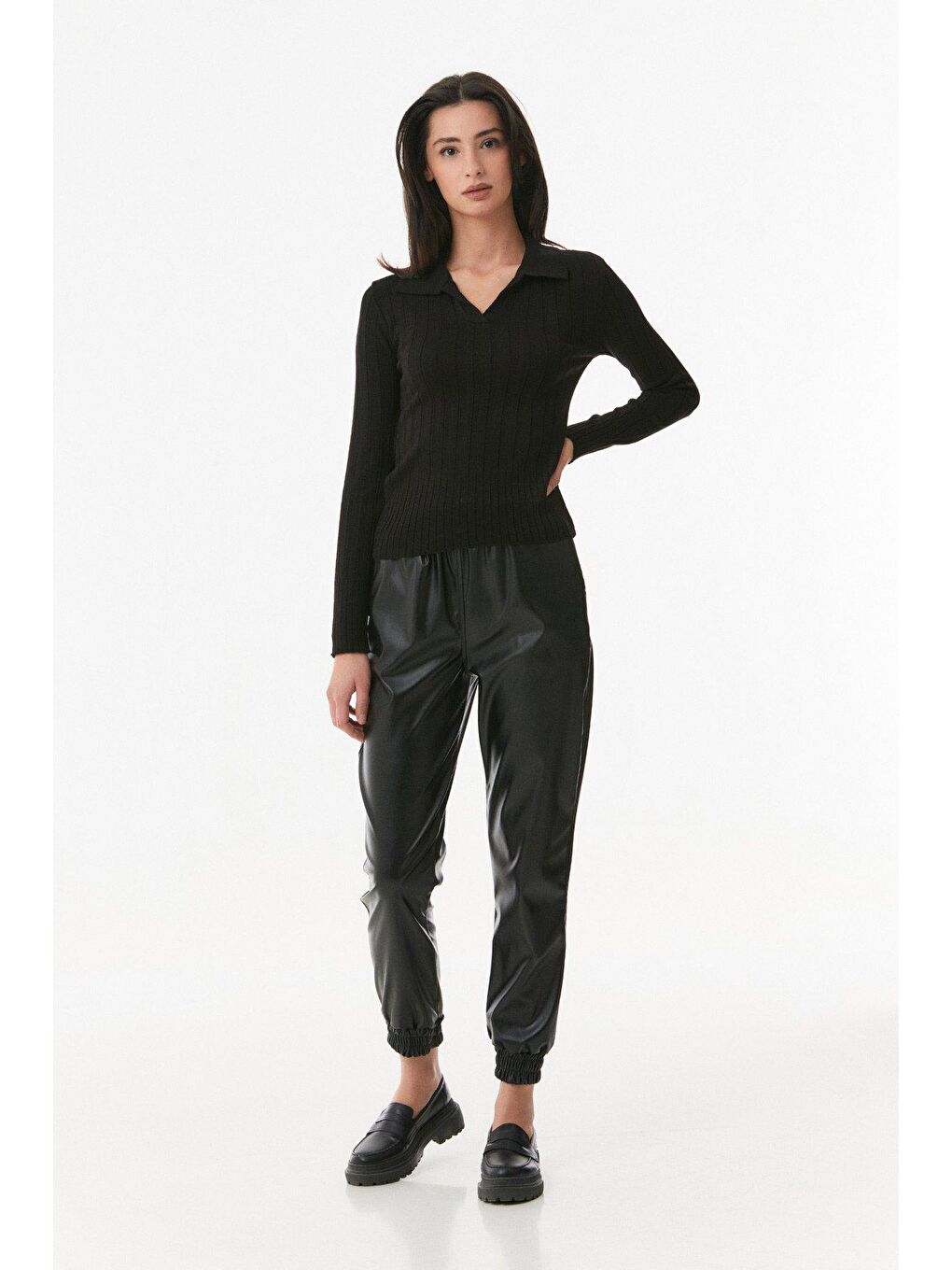 Siyah Basic Polo Yaka Triko Kazak-1