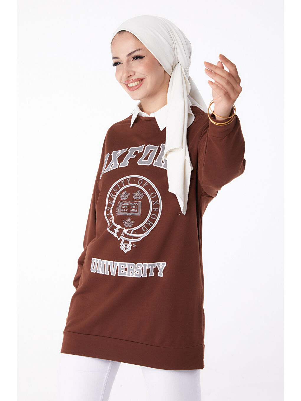 TOFİSA Kahverengi Düz Bisiklet Yaka Kadın Kahverengi Baskılı Sweatshirt - 13281 - 2