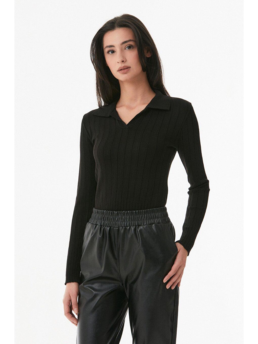 Siyah Basic Polo Yaka Triko Kazak-3