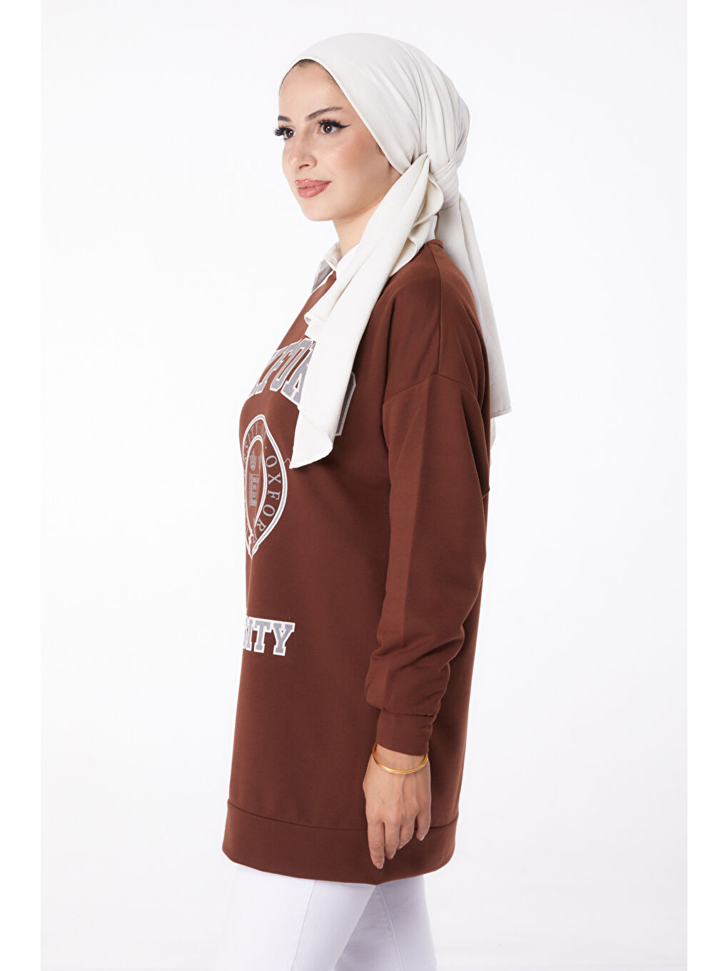 TOFİSA Kahverengi Düz Bisiklet Yaka Kadın Kahverengi Baskılı Sweatshirt - 13281 - 3